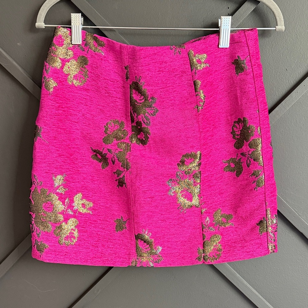 Bright Pink Floral Jacquard Mini Skirt